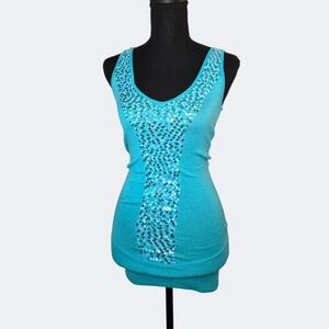 Y2k Bebe Turquoise Sequin Knit V-Neck Tank Top Dress!
